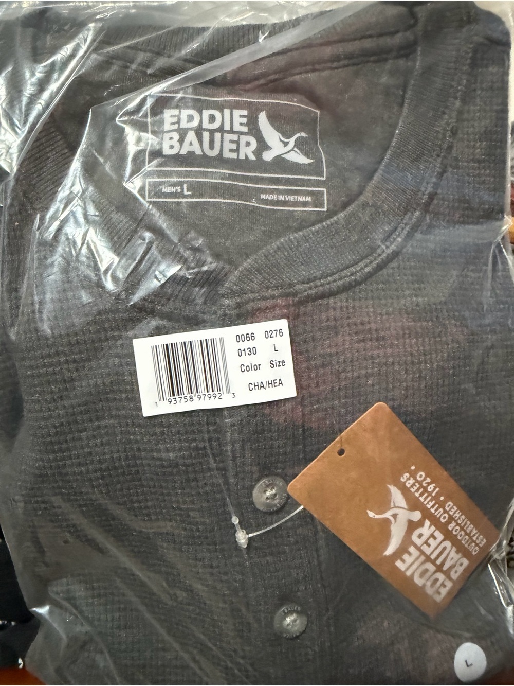 Eddie Bauer Men's Charcoal Waffle Knit Henley Button-Down